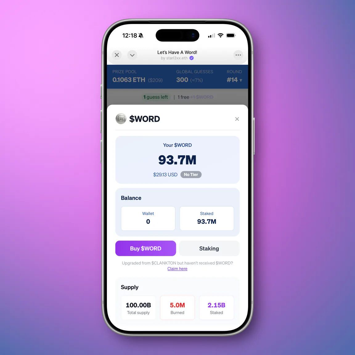 The $WORD sheet on an iPhone: a 93.7M balance worth $29.13 with no tier yet, a wallet and staked split, Buy $WORD and Staking buttons, and supply figures of 100.00B total, 5.0M burned and 2.15B staked.