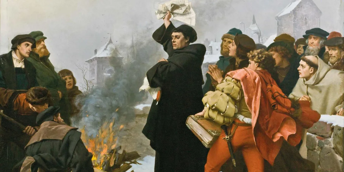 A crowd of students watches Martin Luther throw the papal bull onto a bonfire outside the Elster Gate at Wittenberg.