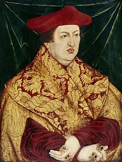 Portrait of Albert von Brandenburg in cardinal’s robes.