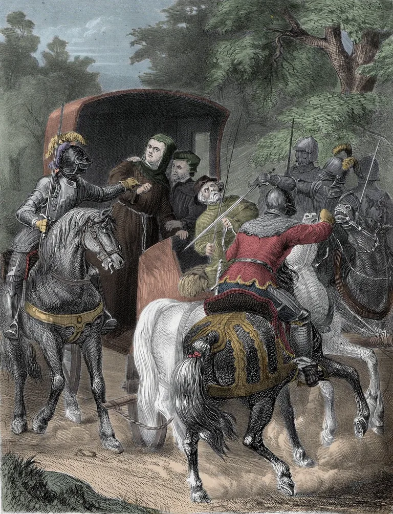 Steel engraving of horsemen seizing Luther from his wagon in a forest at night.