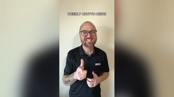 A frame from the weekly crypto-news series: Jake to camera in an OKX shirt, captioned WEEKLY CRYPTO NEWS.