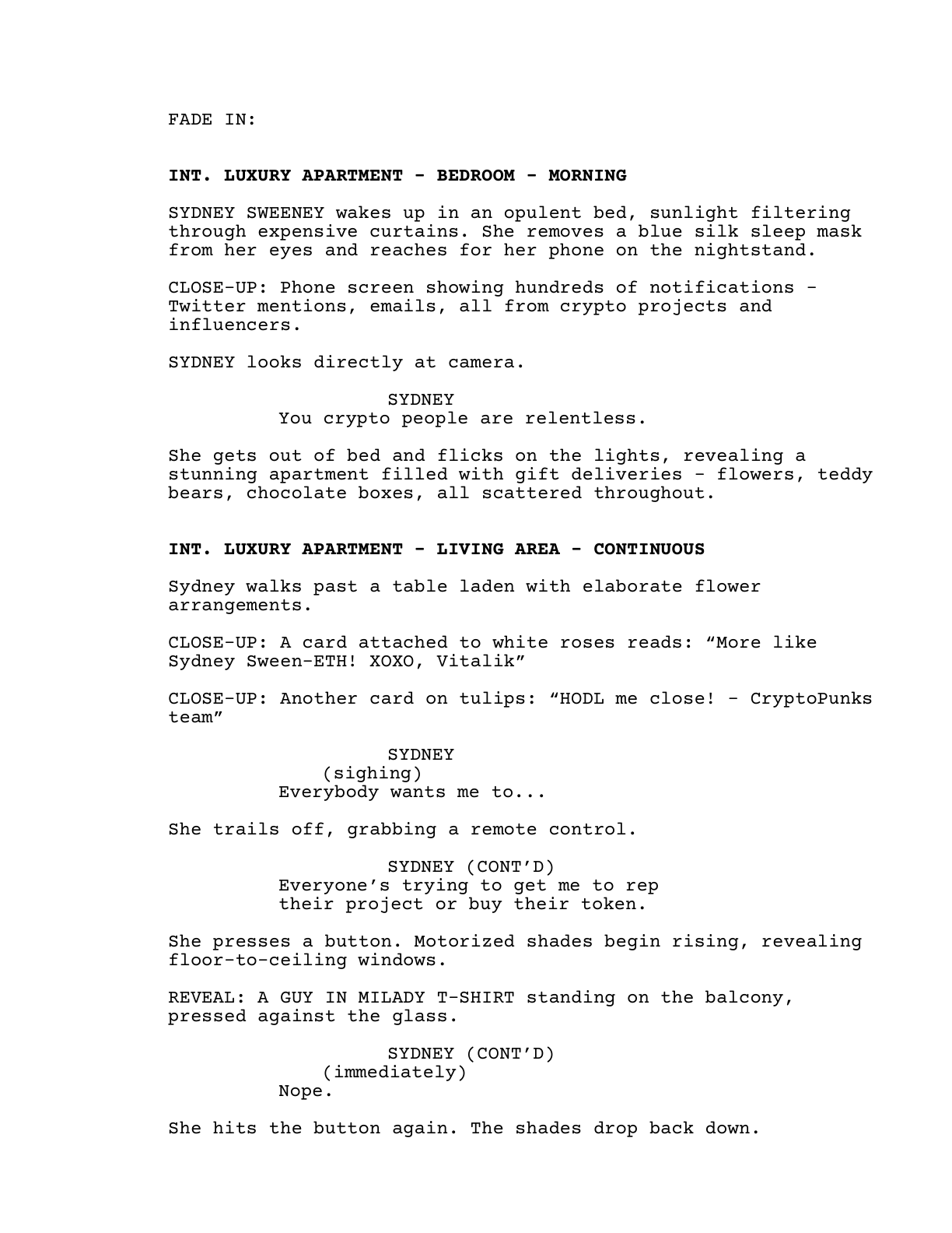 Everyone Wants Sydney Sweeney — script, page one