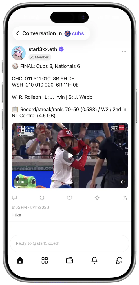 A Cubs bot cast in the /cubs Farcaster channel, reading “FINAL: Cubs 8, Nationals 6” with the line score, the winning, losing and saving pitchers, the team record and streak, and a highlight video embedded inline.