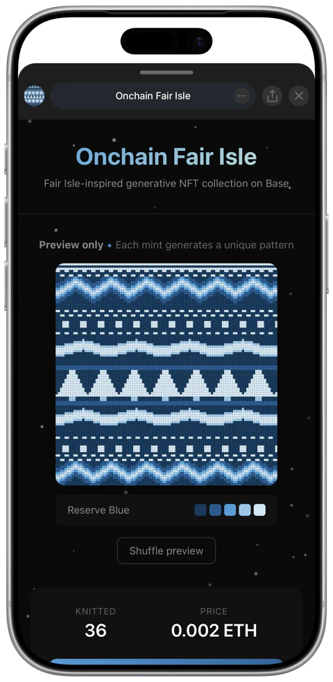 The Onchain Fair Isle Mini App open inside Farcaster, showing a preview pattern in the Reserve Blue palette with its five-colour swatch, a Shuffle preview button, and counters reading 36 knitted at 0.002 ETH.