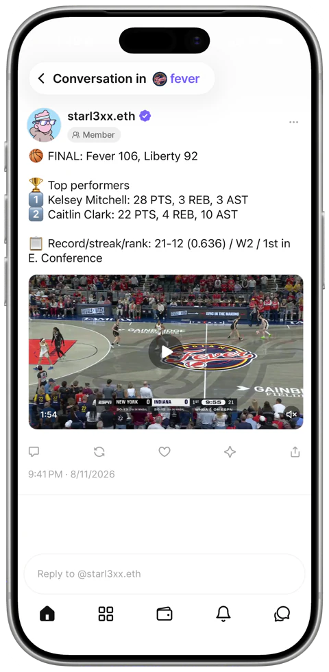 A Fever bot cast in the /fever Farcaster channel, reading “FINAL: Fever 106, Liberty 92” with top performers Kelsey Mitchell and Caitlin Clark, the team record, streak and conference rank, and a highlight video embedded inline.