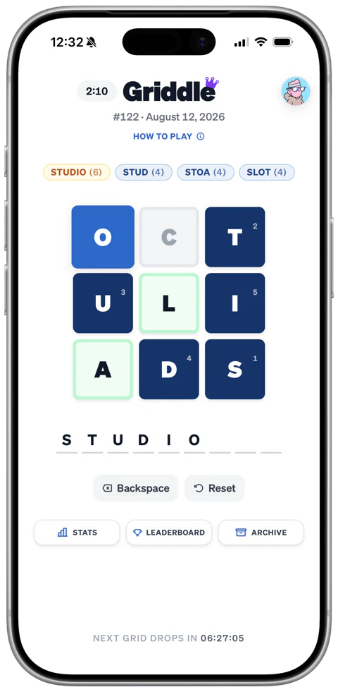 The Griddle app on iPhone showing puzzle #122: four shorter words found so far, listed as Crumbs above a 3×3 grid of letters, with a partial word spelled out underneath and Stats, Leaderboard and Archive below.