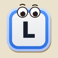 The Lexigotchi app icon: a letter-L tile with googly eyes and raised eyebrows, in a blue frame on cream.