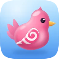 The Sweeter app icon: a glossy pink bird with a candy swirl on its wing, on a sky-blue tile.