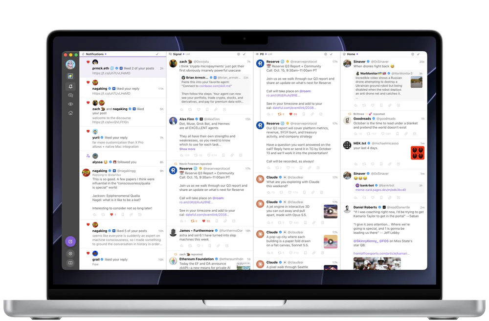 The Sweeter window on a MacBook Pro screen: four columns side by side for Notifications, a Signal list, a P0 list, and Home, each post with a row of action buttons under it, and a sidebar of column icons down the left.
