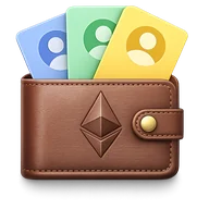 The walletlink.social icon: a brown leather wallet with an Ethereum diamond embossed on it and three colourful profile cards tucked inside.