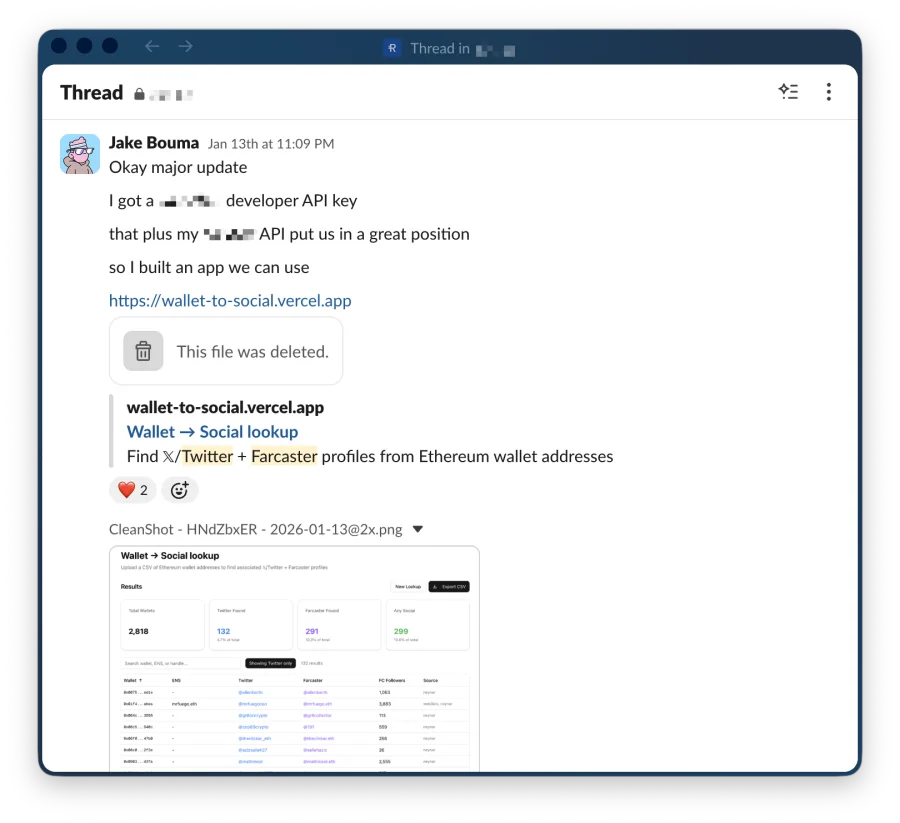 A Slack thread from January 2026: Jake tells the team he has the API keys he needed, so he built an app they can use, with a link to the first version and a screenshot of its results.