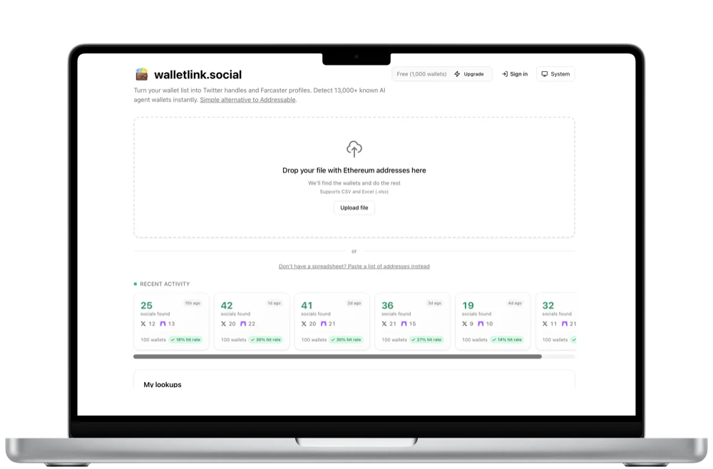 walletlink.social open on a MacBook, showing the drop zone for a file of Ethereum addresses and a Recent Activity row of past lookups, each reporting socials found, the Twitter and Farcaster split, and a hit rate.
